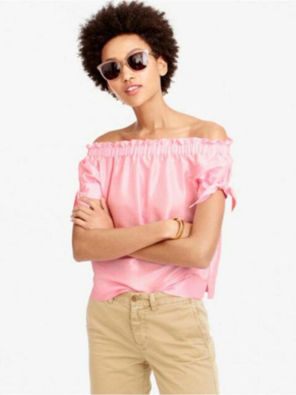 J. Crew Pink Off-Shoulder Tie-Sleeve Top